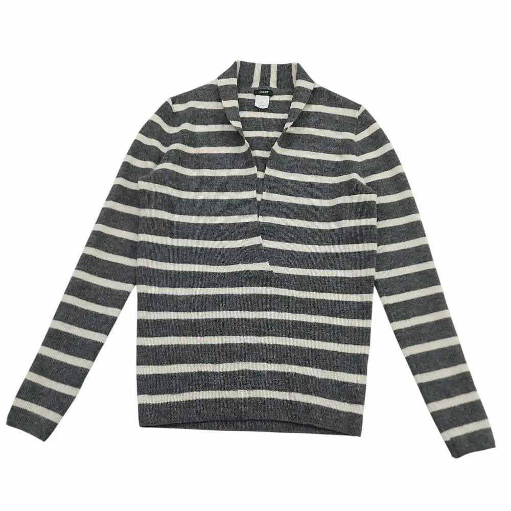 J Crew Sweater Womens XS Gray Striped Baby Alpaca Shawl Collar Knit Travel